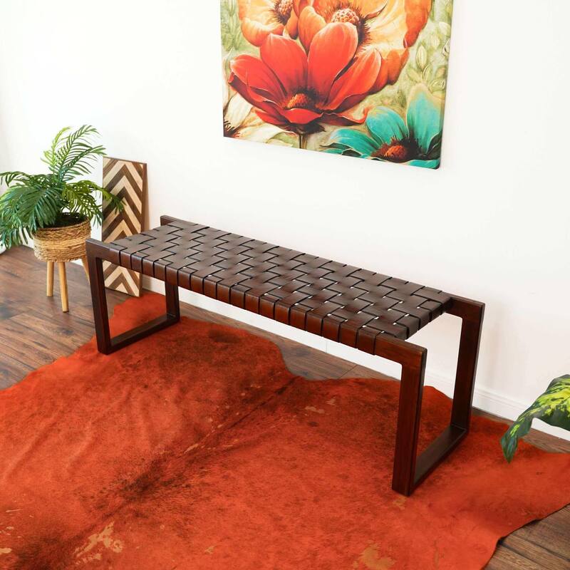 GDFStudio - Christina Mid-Century Modern 55" Tan Genuine Leather Bench with Solid Wood Frame & Tapered Legs - 55.1"W
