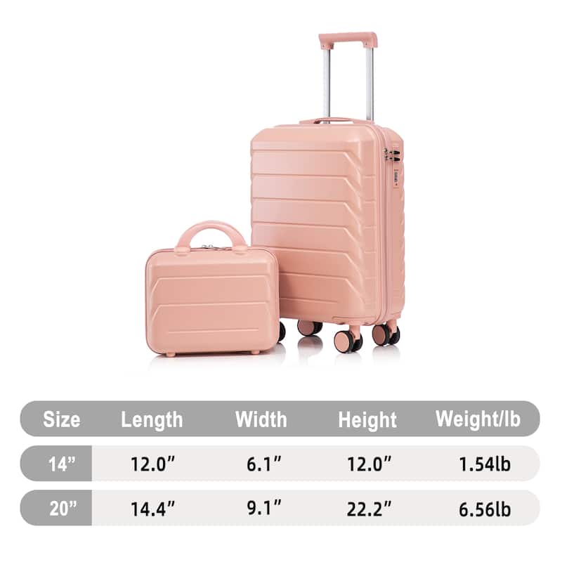 14"/20" 2-Piece, Modern Luggage Sets with Makeup Case, Spinner Wheel and Combination Lock, for Boarding Travel, Pink