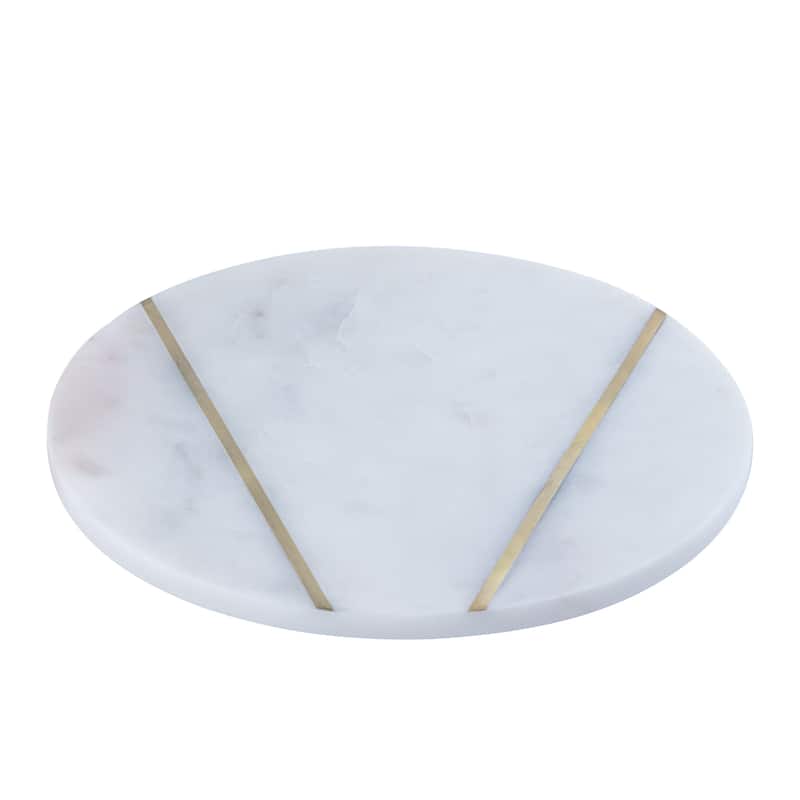 Med. Marble Plate W/BRASS Inlay - White Marble - WHITE