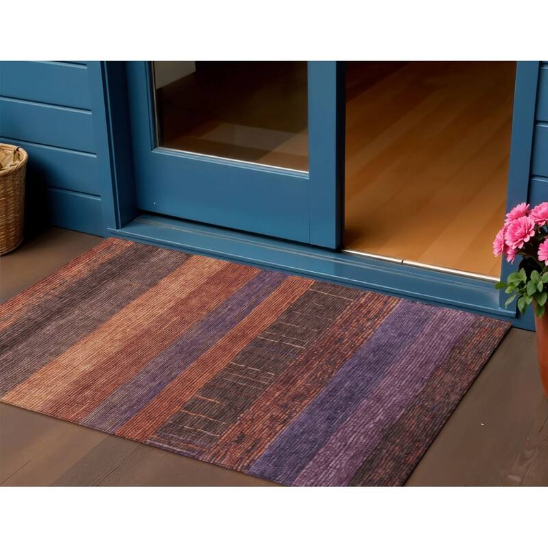 HomeRoots Striped Transitional Rectangle Outdoor Rug - Orange/Purple - 3' x 5'