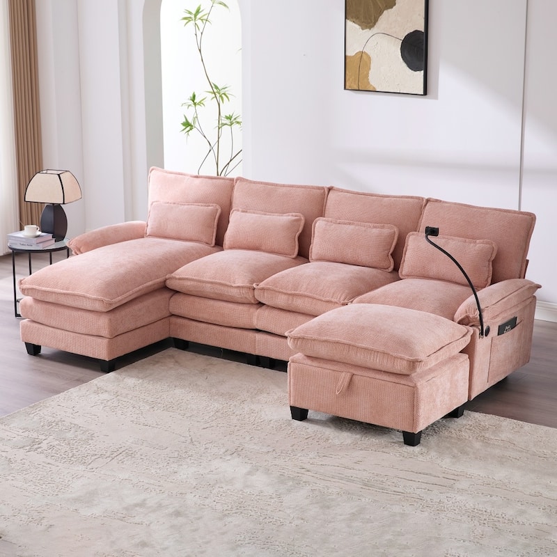 106.69" Modular U-shaped Sectional Sofa with Chaise Lounge and Ottoman, Pillows - Pink