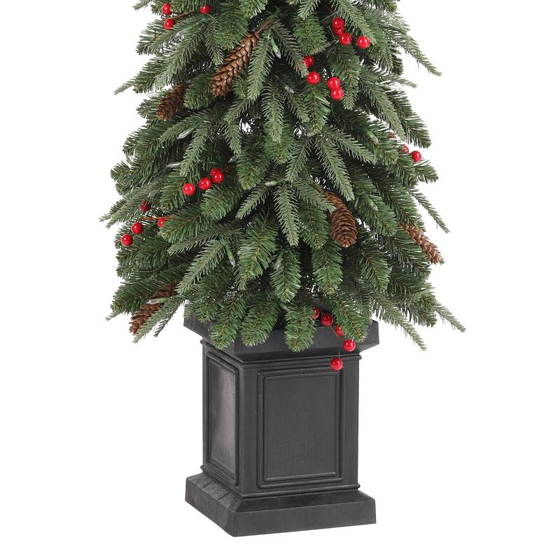 Glitzhome 4ft/6ft/7ft Pre-lit Green Artificial Christmas Porch Tree with Red Berries,Pinecones and 100 Warm White Lights