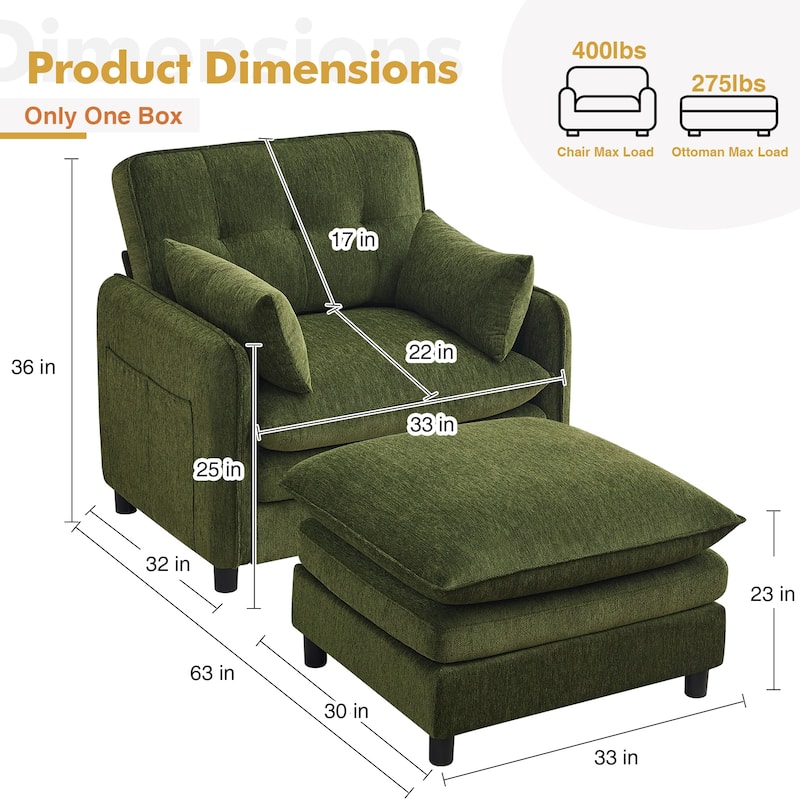 Upholstered Chenille Oversized Accent Armchairs with Ottoman and Side Pocket