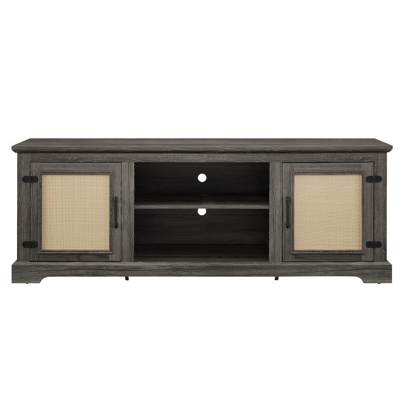 Antique Gray 65" TV Stand with Shelves & Rattan Doors for TVs Up to 70"