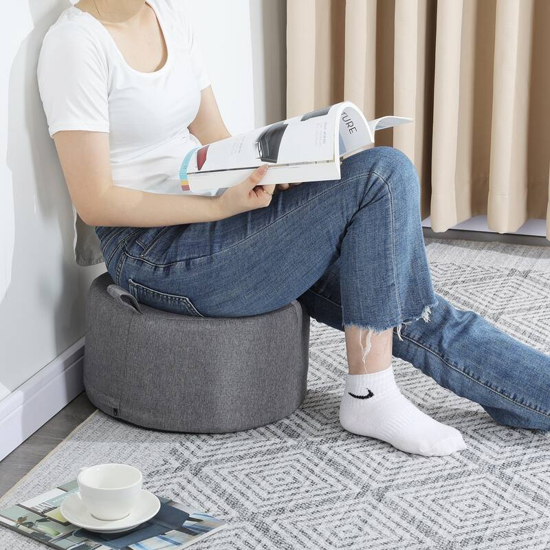 Adeco Linen Round Ottoman Footrest with Handle