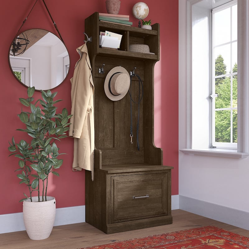 Woodland Hall Tree and Small Shoe Bench with Drawer by Bush Furniture