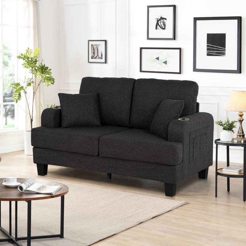 Modern Black Fabric 3-Piece Living Room Sofa Set with Loveset and Ottoman