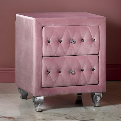 Zoha 26 Inch Nightstand, 2 Drawer, Cabriole Legs, Wood, Pink Upholstery