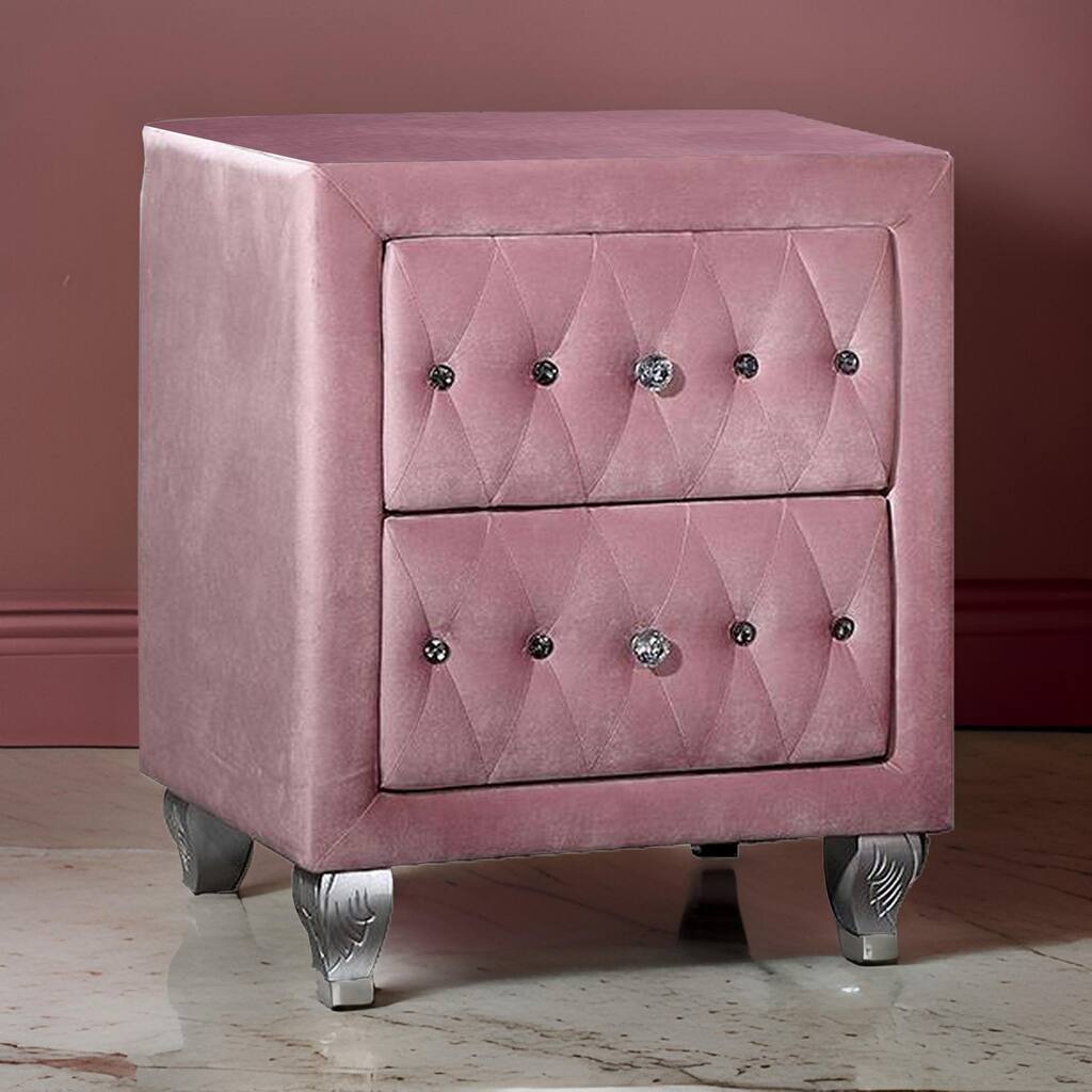 Zoha 26 Inch Nightstand, 2 Drawer, Cabriole Legs, Wood, Pink Upholstery