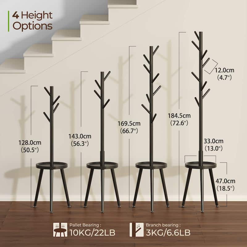 Coat Rack, Wooden Coat Rack Freestanding with Shelf, Coat Tree with 4 Height Options 50.5"-72.6"Hanger Stand
