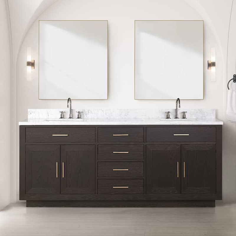 Lexora Abbey Bath Vanity, Carrara Marble Top, and Mirror