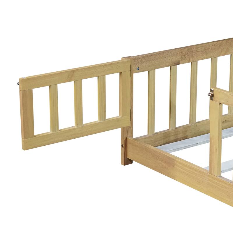 Full Size Floor Bed With Fence And Door,Rubber Wood Floor Bed With Safety Guardrails