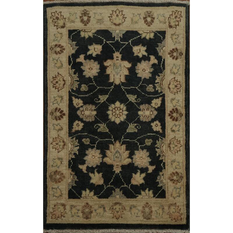 Hand Knotted Oriental 100% Wool Carpet Traditional All-Over Black Peshawar Area Rug - 2' 11'' X 1' 10''