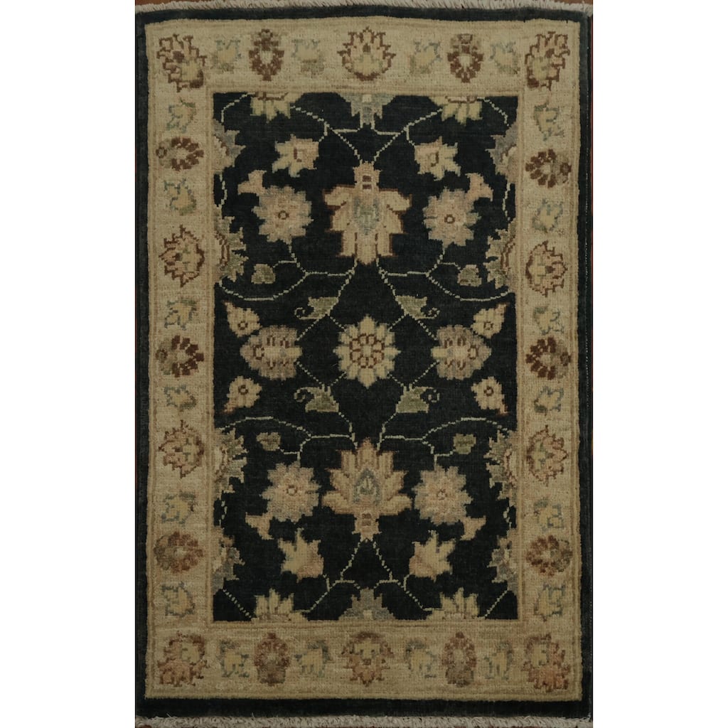 Hand Knotted Oriental 100% Wool Carpet Traditional All-Over Black Peshawar Area Rug - 2' 11'' X 1' 10''
