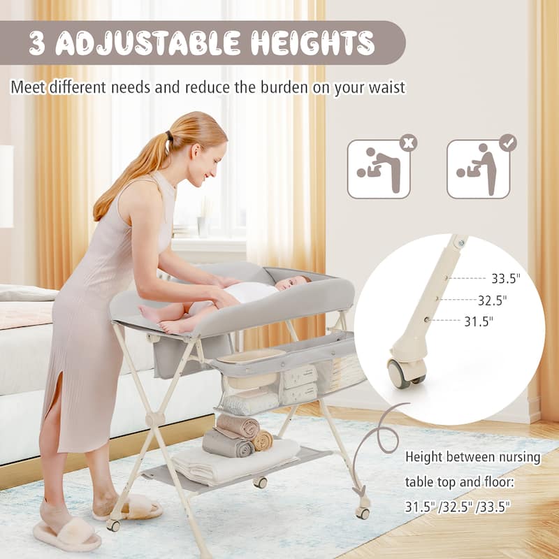 Baby Diaper Changing Table Folding Newborn Nursery Organizer W/Wheel