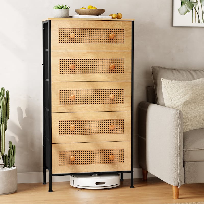 Crestlive Dresser Closet PE Wicker Rattan Storage Tower Organizer Chest of 5 Drawers - 1-piece, Natural