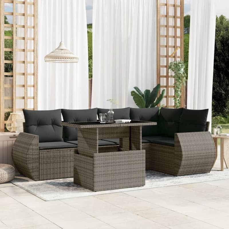 vidaXL Patio Sofa Set with Cushions Outdoor Furniture 6 Piece Poly Rattan - 21.7 x 39.4 x 28.7 - Grey-without storage