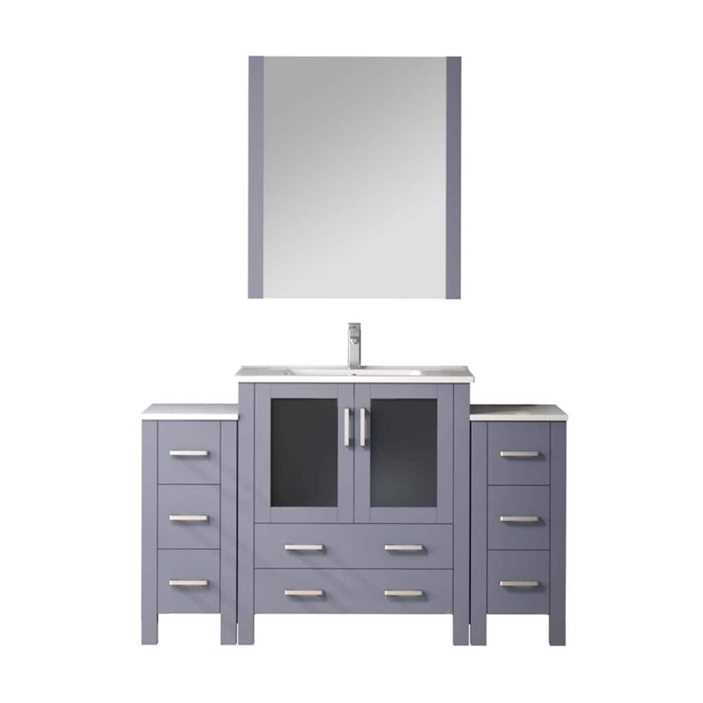 54" Dark Grey Bathroom Vanity with White Ceramic Top, Monte Faucet Set, Side Cabinets, and 28" Mirror