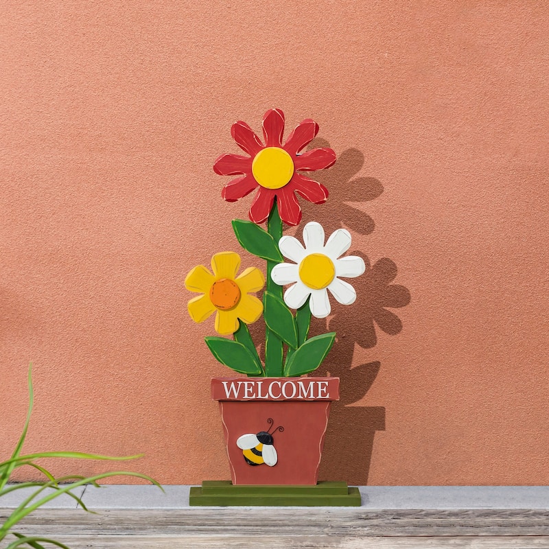 Glitzhome 30"H Wooden Trio Flowers "Welcome" Sign Porch Decor