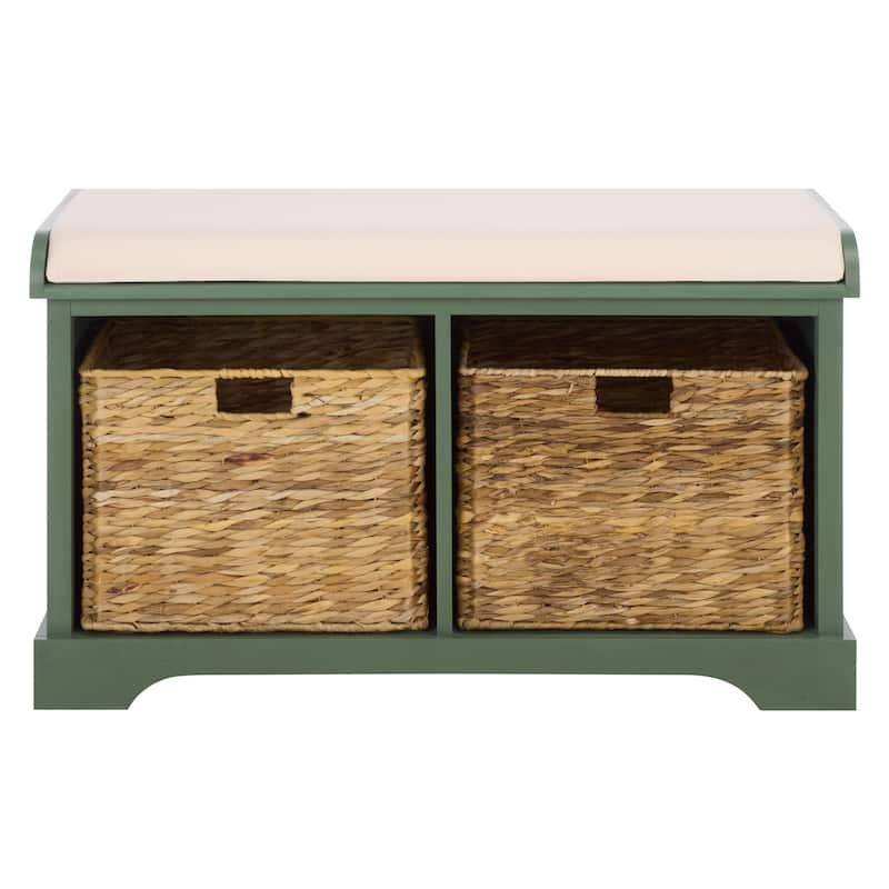 SAFAVIEH Euphemia Brown Woven Storage Basket Bench - 33.5" x 16.1" x 19.9" - 34"W x 16"D x 20"H - Dusty Green