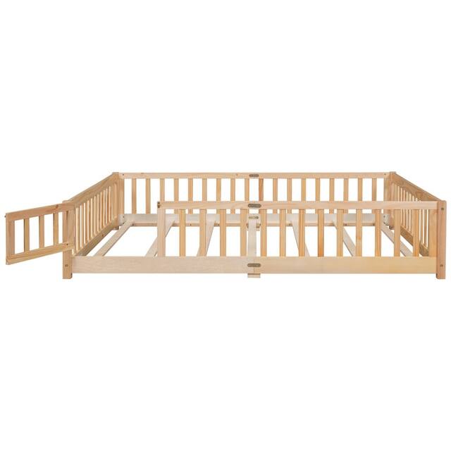 Twin/Full/Queen size Floor Platform Bed with Fence and Door for Kids, Toddlers