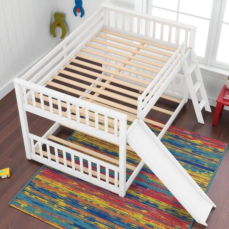 Twin Over Twin / Full Over Full Wooden Bunk Bed with Convertible Slide and Ladder, Guardrails, No Box Spring Needed