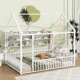 Full Size Metal Bed House Bed Frame with Fence and Shelves, White