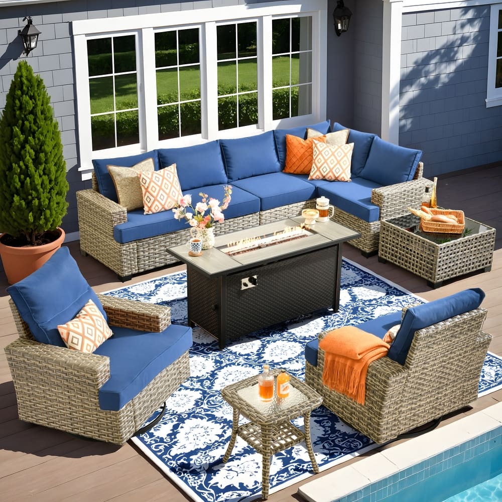 OVIOS 10 Pieces T shaped Seat Wide Armrest Swivel Chair Set With Solar-Powered Table&Fire Pit
