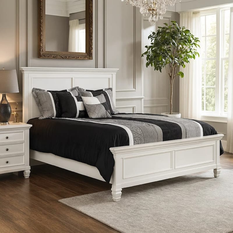 Umi Full Size Bed, Classic Panel Design with Molded Details, White Wood