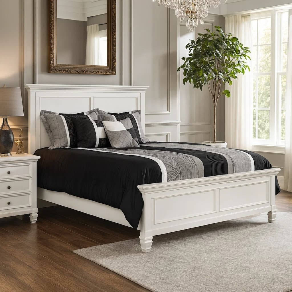 Umi Full Size Bed, Classic Panel Design with Molded Details, White Wood