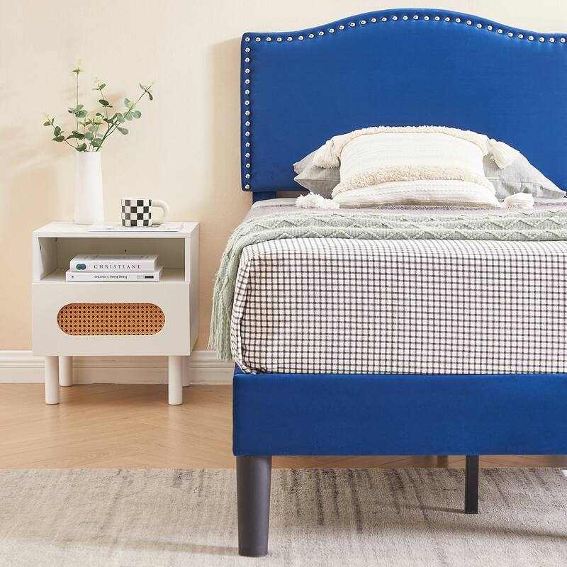 Javlergo Upholstered Platform Bed Frame with Adjustable Headboard, Strong Frame and Wooden Slats Support, Easy Assembly