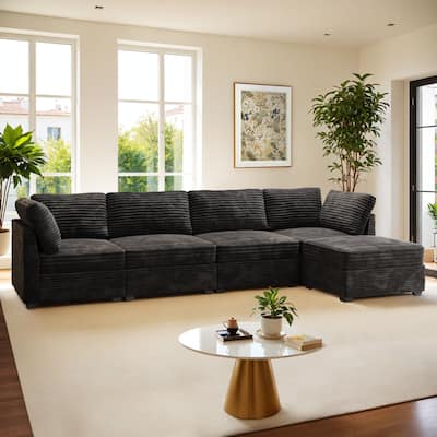 HOOOWOOO Modular Plush Corduroy Fabric Couch with Ottoman