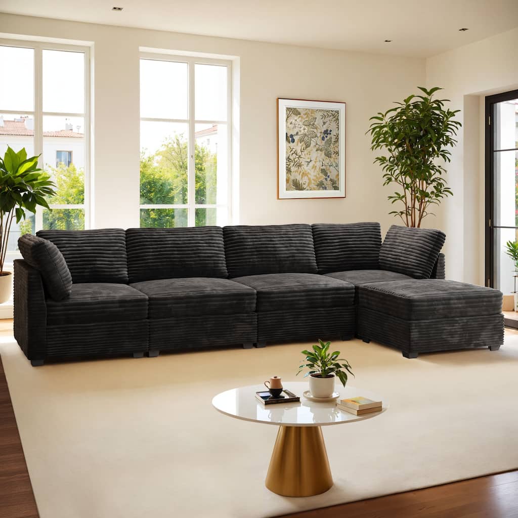 HOOOWOOO Modular Plush Corduroy Fabric Couch with Ottoman