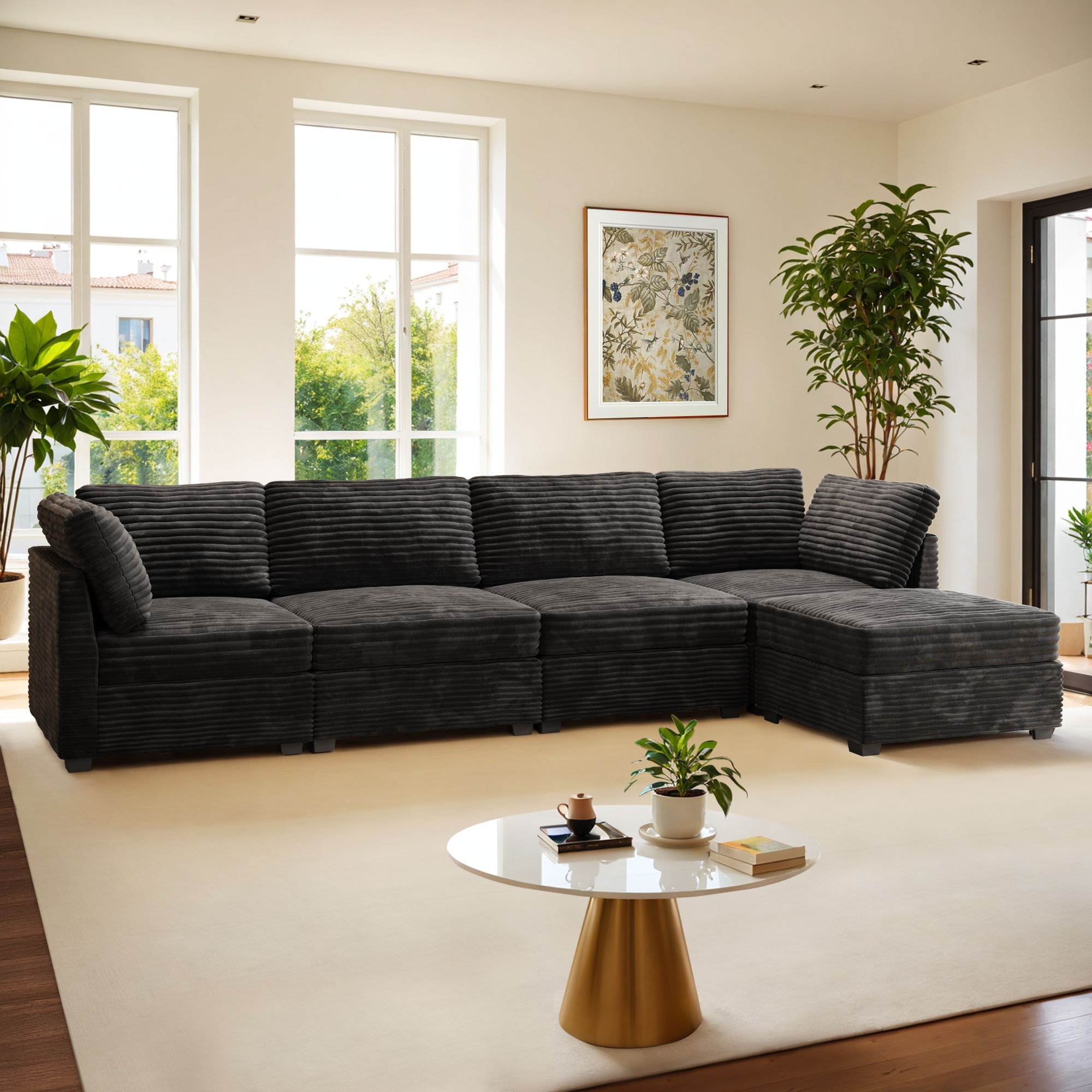 HOOOWOOO Modular Plush Corduroy Fabric Couch with Ottoman