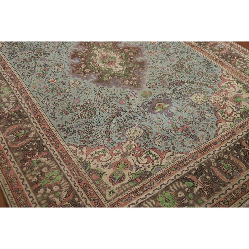 Blue Traditional Tabriz Persian Rug Hand-Knotted Floral Wool Carpet - 6'8"x 9'7"