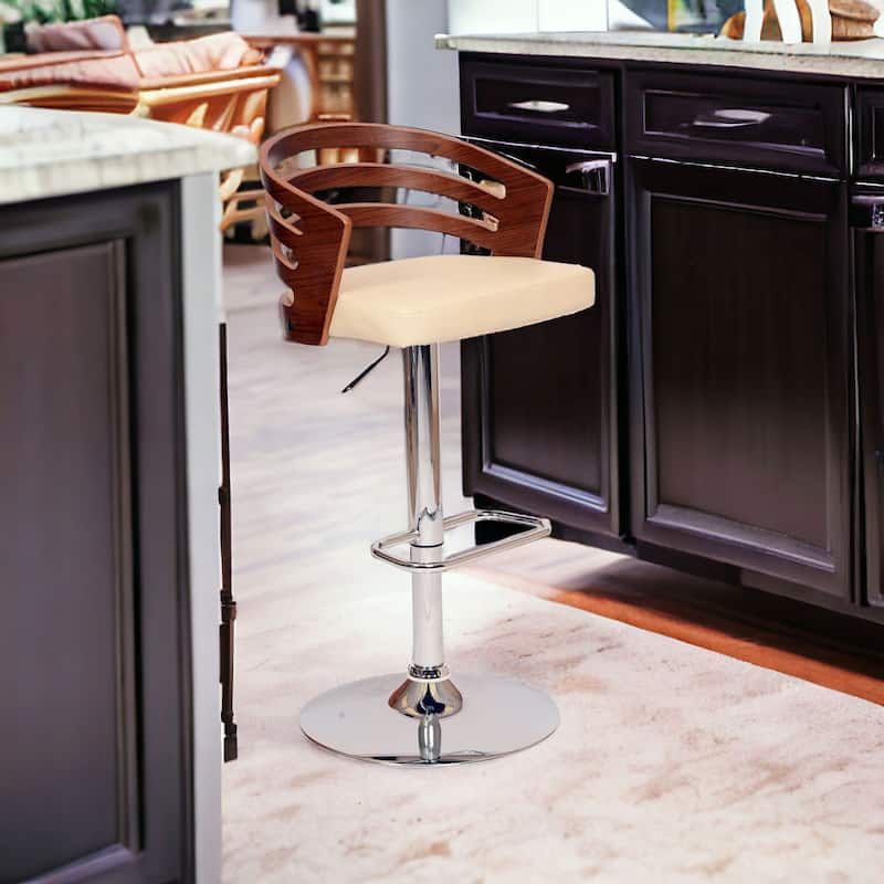25" Adjustable Height Swivel Kitchen Bar Stool with Cream Faux Leather Seat and Walnut Wood Backrest - 44"H x 19"W x 19"D