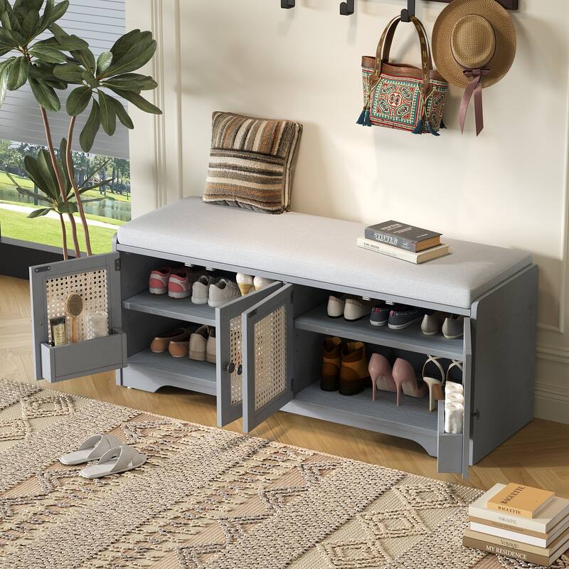 Rustic Storage Bench with Removable Cushion and Woven Rattan Doors - Beige+Gray Wash
