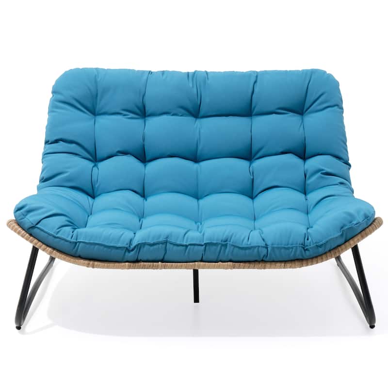 Double Papasan PE Rattan Chair Loveseat with Cushion For Indoor Outdoor