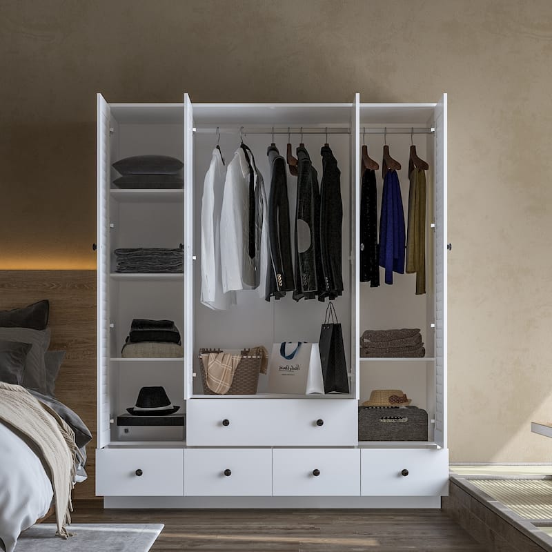 Modern 4-Door Wood Bedroom Armoire in White Closet Cabinet Wardrobe