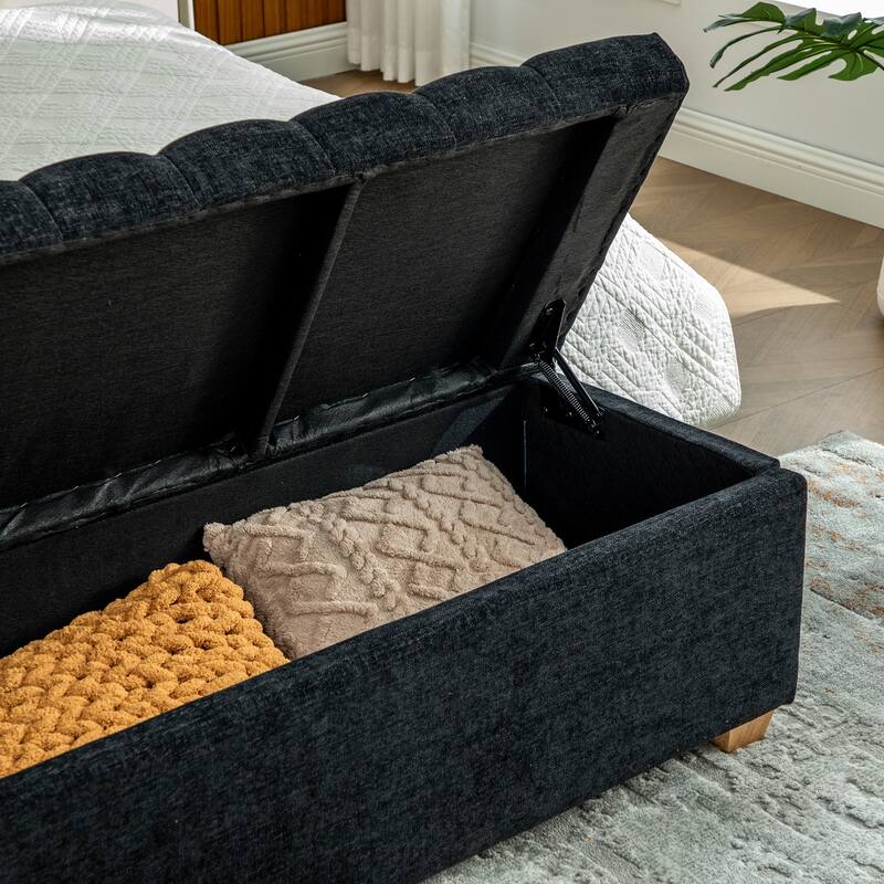 60.2" Chenille Upholstered Storage Bench, Tufted Flip-Top Ottoman with Legs, Accent End-of-Bed Bench Window Seat