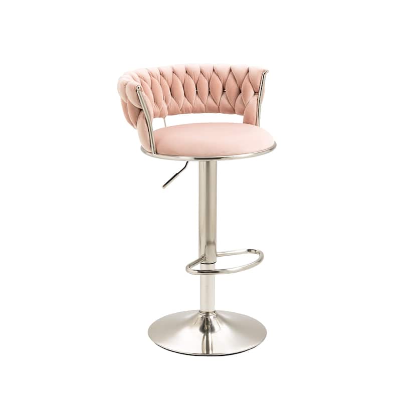 Velvet Swivel Adjustable Height Bar Stools With Sliver Footrest(set of 2)