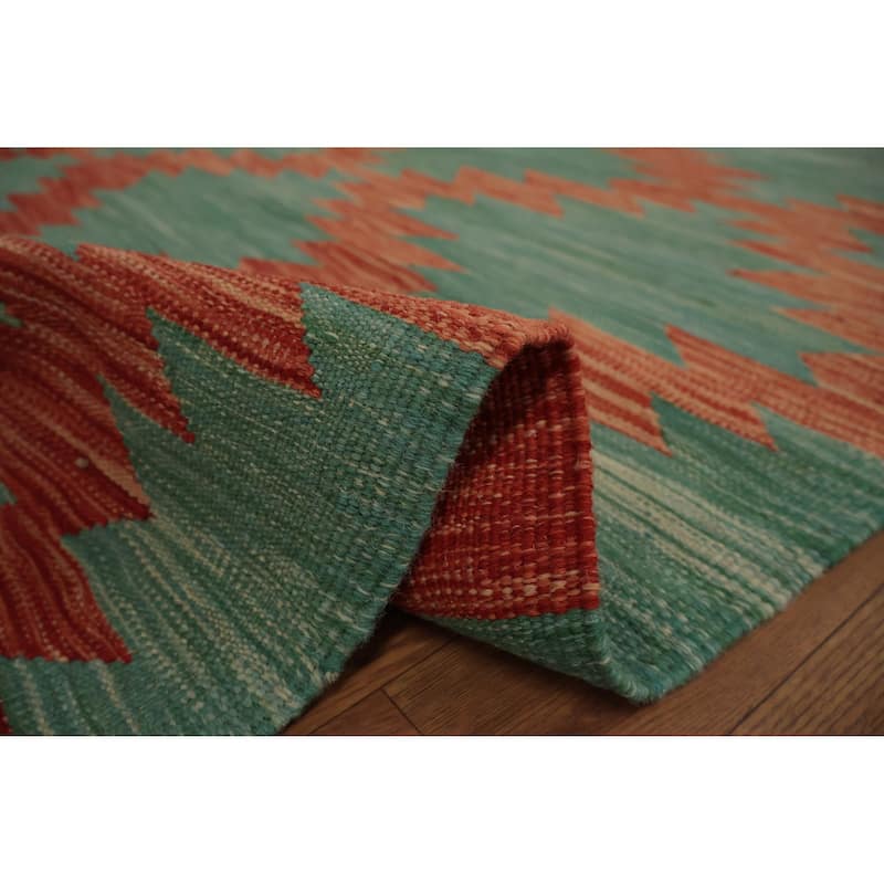 Hand Woven Oriental 100% Wool Carpet Southwestern Geometric Green Kilim Area Rug - 9' 11'' X 8' 4''