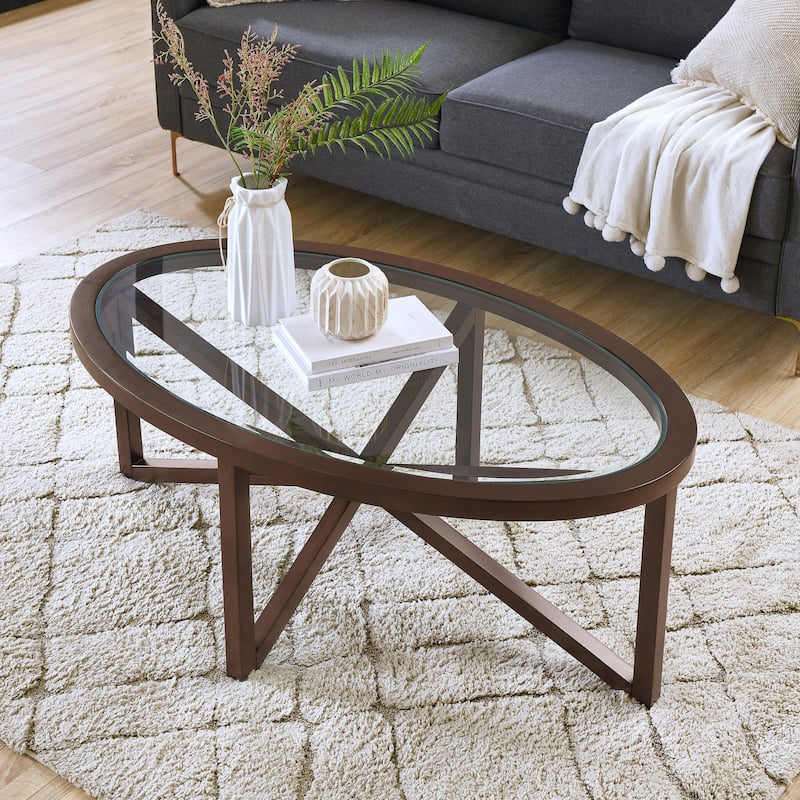 Modern Round Coffee Table - Tempered Glass Top & Solid Wood Base for Living Room