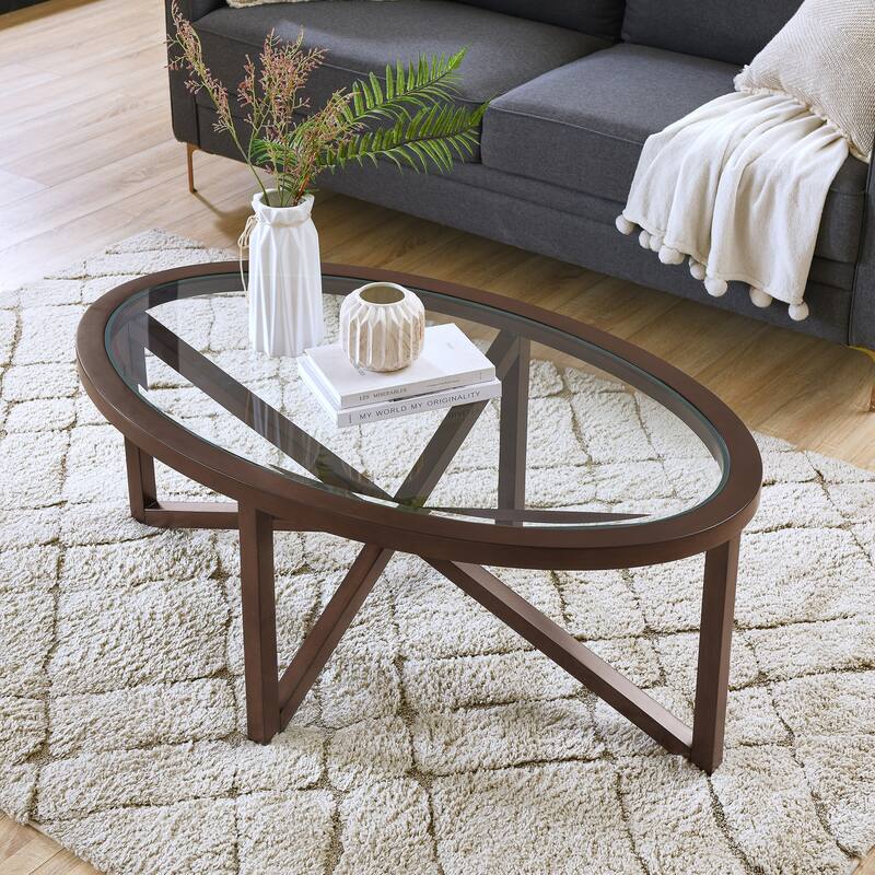 Roomfitters Modern Round Tempered Glass Coffee Table with Solid Wood Base, Clear Top Accent Table for Living Room