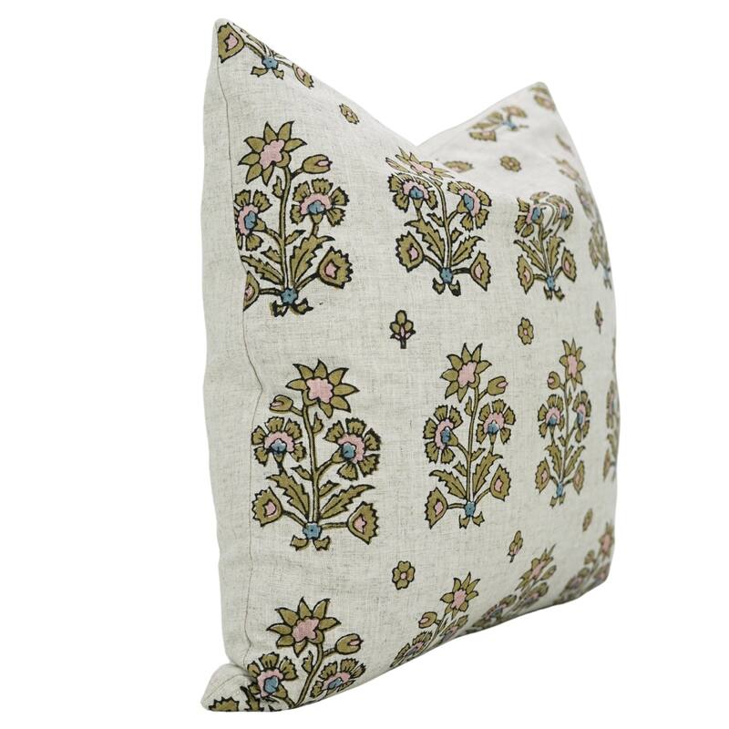 Fabdivine Floral Accent Linen Green Cushion Cover for Rustic Chairs or Bohemian Home Décor 14x20 Inch Farmhouse, Sadabahar