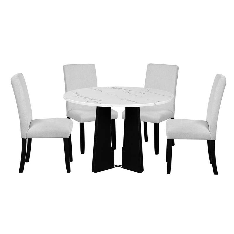 Modern 5-Piece Round Dining Set, 43-Inch Dining Table & 4 Upholstered Chairs, Farmhouse, Mid-Century Style for Dining Room