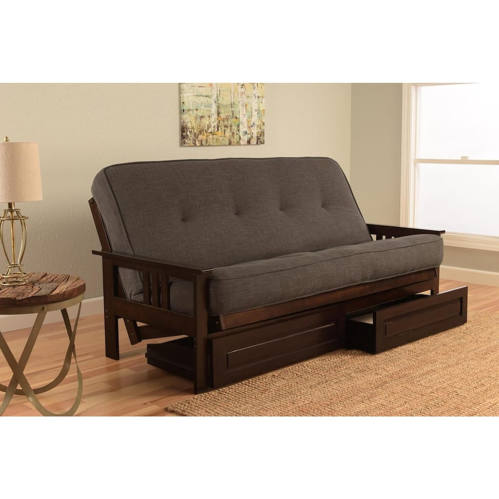 79 in. Espresso/Linen Charcoal Linen Upholstered Full Size Futon Set with Mattress and Storage Drawers