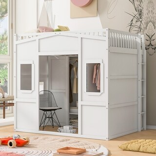 White Full Size Solid Wood House Loft Bed With Ladder and Wardrobe for Kids, Boys and Girls, Bedroom