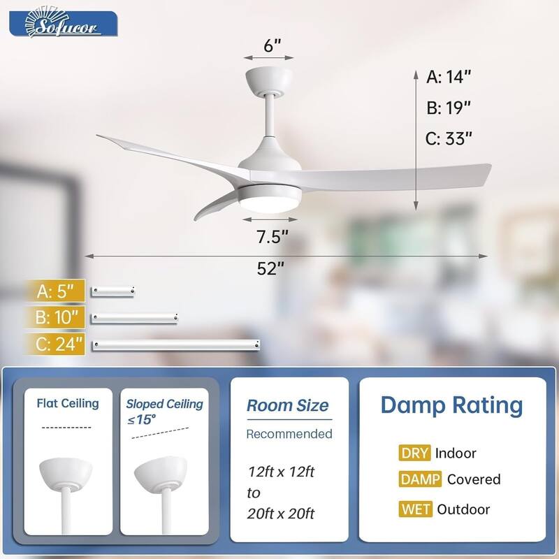 Sofucor 52 Inch Ceiling Fan with Light Remote Control,Airflow 6000CFM 3-Timer with ABS 3 Blades Reversible DC Motor
