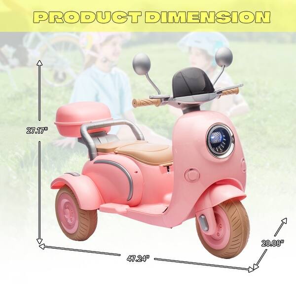 dimension image slide 1 of 3, 12V Slow Start Two-seater Three Wheels Kids Ride On Electric Motorcycle with Multi-function player&Storage Box for kids Aged 3-6